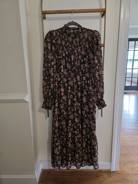 Impressions Black Long Sleeve Floral Midi Dress with Pink Roses